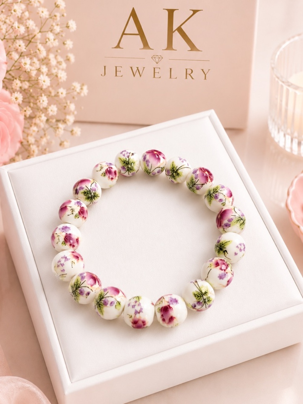 💎 Floral Porcelain Beaded Stretch Bracelet – Romantic Cottage Chic